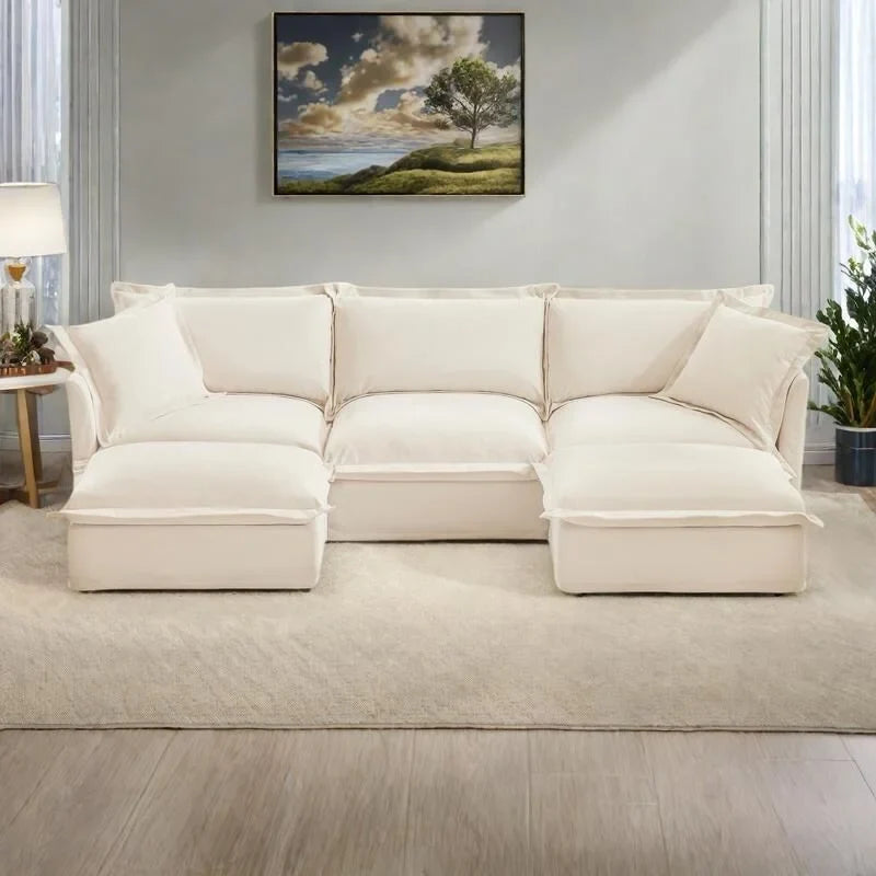 Canapé d'angle en chenille en forme de U de 305 cm avec 3 places, coussins à bord français et coussins moelleux