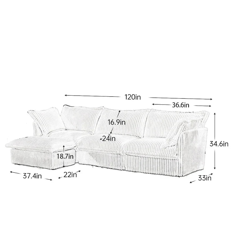 Canapé Sectionnel 3 Places Forme L 120 pouces en Velours Côtelé avec Pouf Convertible, Housse Amovible et Coussins Moelleux