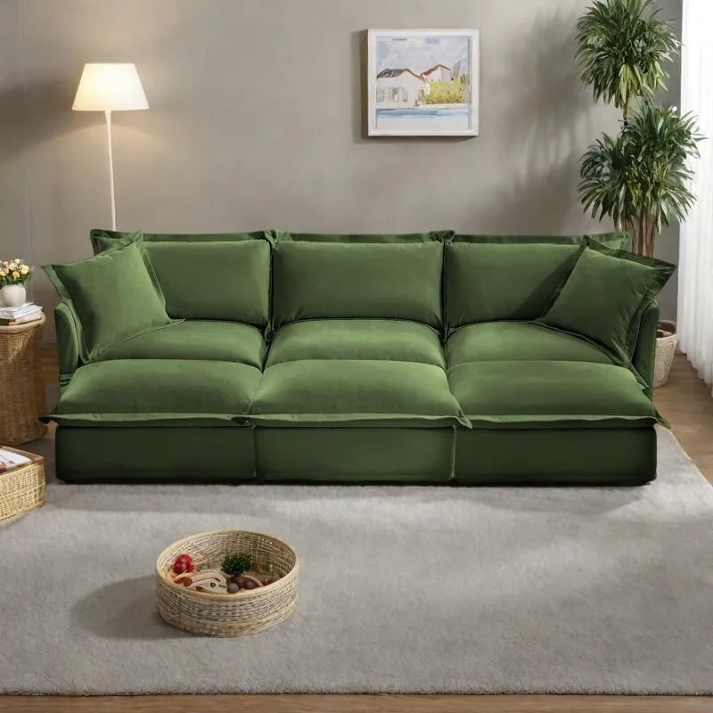 Ensemble Canapé 3 Places 120 pouces en Chenille avec 3 Poufs, Fonction Convertible et Housses Amovibles
