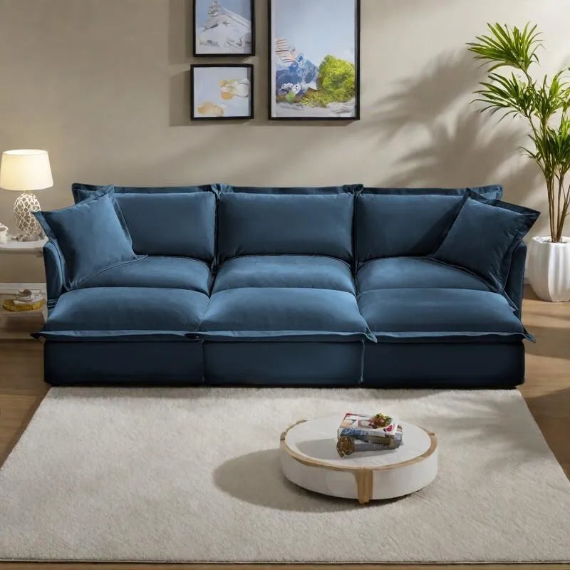 Ensemble Canapé 3 Places 120 pouces en Chenille avec 3 Poufs, Fonction Convertible et Housses Amovibles