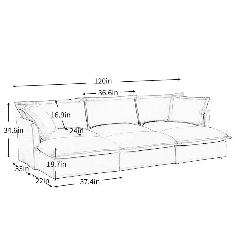 Ensemble Canapé 3 Places 120 pouces en Chenille avec 3 Poufs, Fonction Convertible et Housses Amovibles