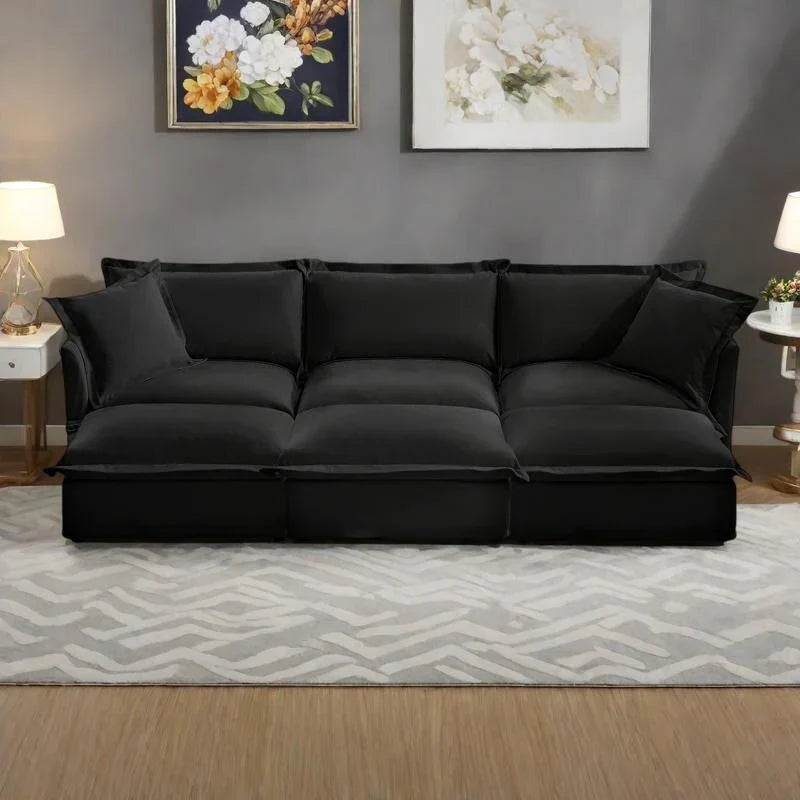 Ensemble Canapé 3 Places 120 pouces en Chenille avec 3 Poufs, Fonction Convertible et Housses Amovibles