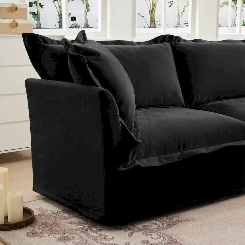 Ensemble Canapé 3 Places 120 pouces en Chenille avec 3 Poufs, Fonction Convertible et Housses Amovibles
