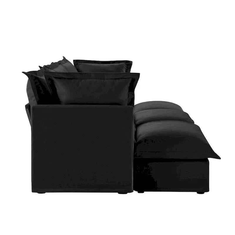 Ensemble Canapé 3 Places 120 pouces en Chenille avec 3 Poufs, Fonction Convertible et Housses Amovibles