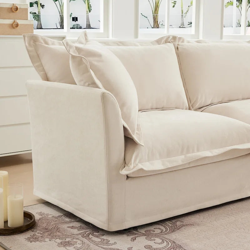 Ensemble Canapé 3 Places 120 pouces en Chenille avec 3 Poufs, Fonction Convertible et Housses Amovibles