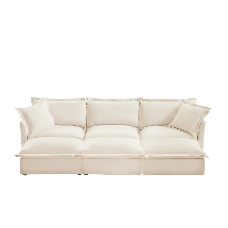 Ensemble Canapé 3 Places 120 pouces en Chenille avec 3 Poufs, Fonction Convertible et Housses Amovibles