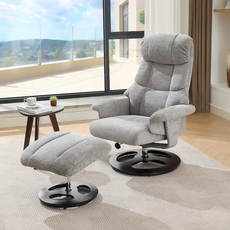 Fauteuil de Massage Chauffant Pivotant Inclinable en Tissu Chenille avec Pouf, Dossier Réglable et Télécommande