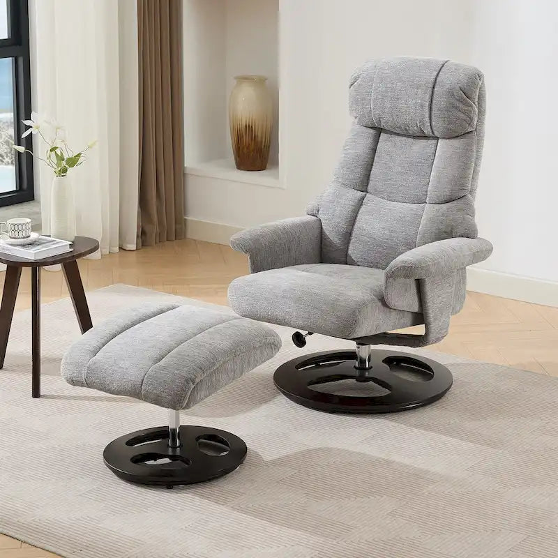 Fauteuil de Massage Chauffant Pivotant Inclinable en Tissu Chenille avec Pouf, Dossier Réglable et Télécommande