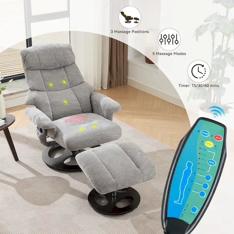 Fauteuil de Massage Chauffant Pivotant Inclinable en Tissu Chenille avec Pouf, Dossier Réglable et Télécommande
