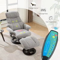 Fauteuil de Massage Chauffant Pivotant Inclinable en Tissu Chenille avec Pouf, Dossier Réglable et Télécommande