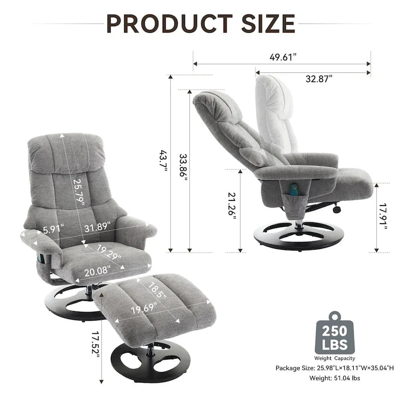 Fauteuil de Massage Chauffant Pivotant Inclinable en Tissu Chenille avec Pouf, Dossier Réglable et Télécommande