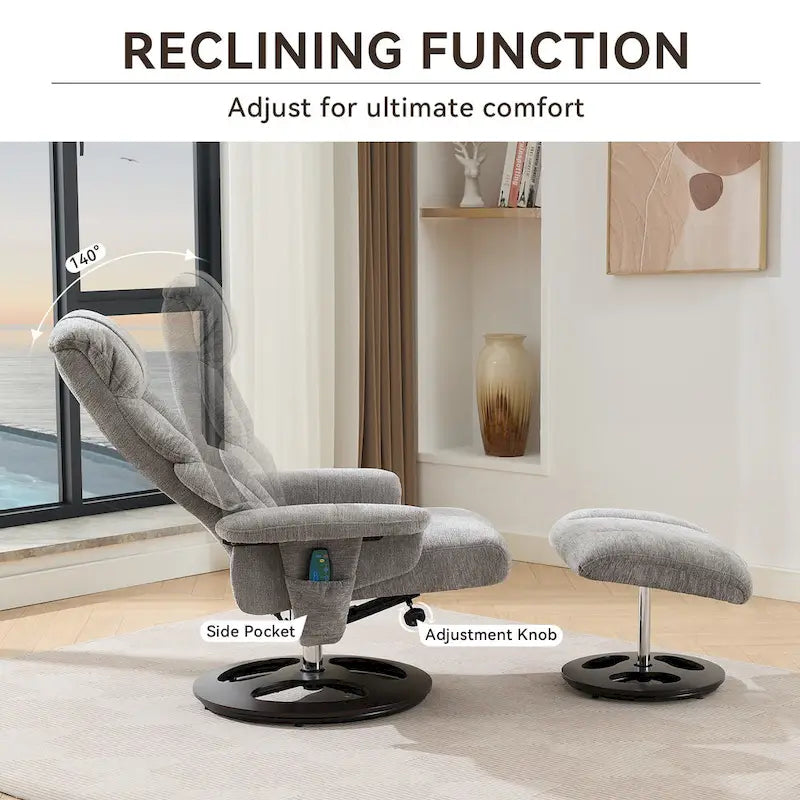 Fauteuil de Massage Chauffant Pivotant Inclinable en Tissu Chenille avec Pouf, Dossier Réglable et Télécommande