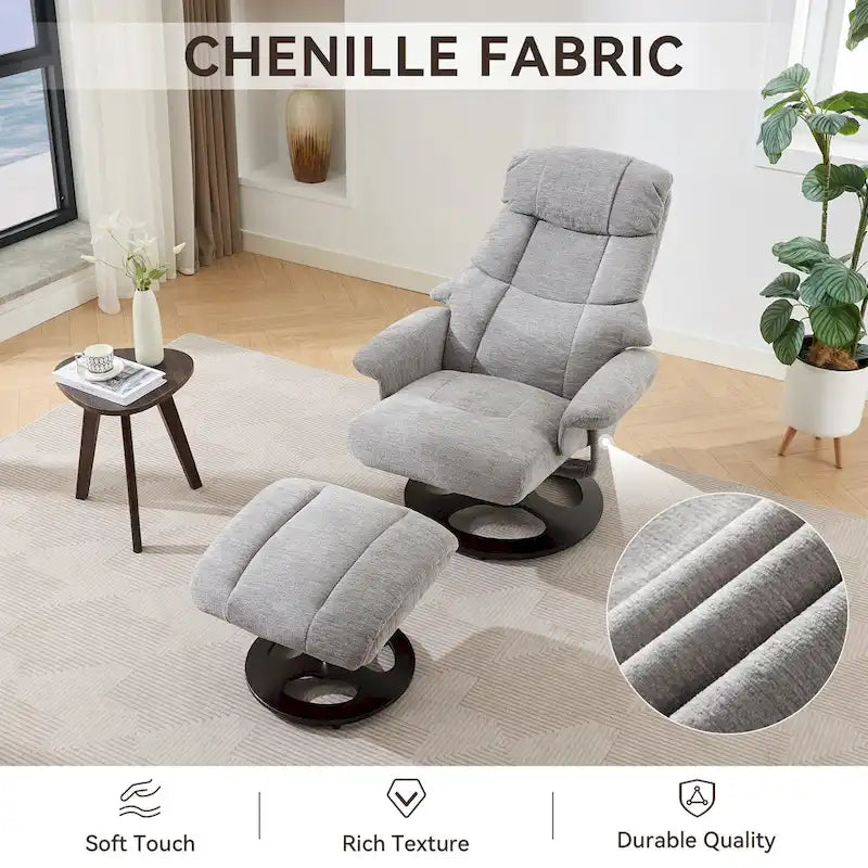 Fauteuil de Massage Chauffant Pivotant Inclinable en Tissu Chenille avec Pouf, Dossier Réglable et Télécommande