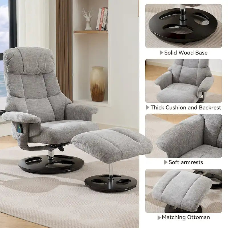 Fauteuil de Massage Chauffant Pivotant Inclinable en Tissu Chenille avec Pouf, Dossier Réglable et Télécommande