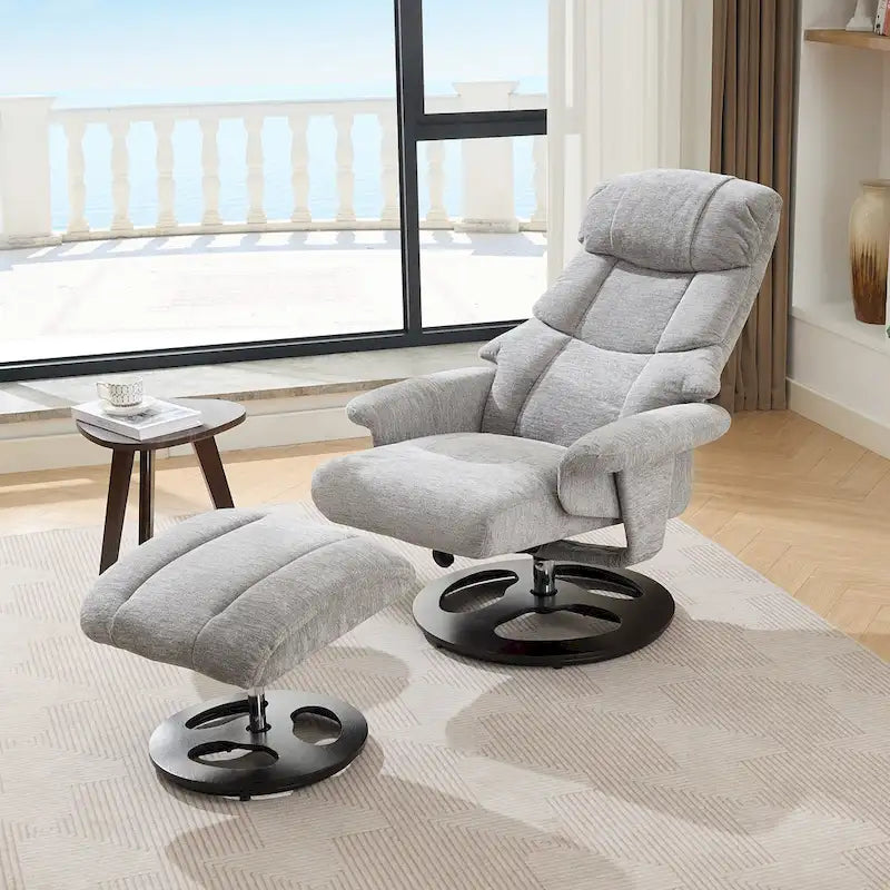 Fauteuil de Massage Chauffant Pivotant Inclinable en Tissu Chenille avec Pouf, Dossier Réglable et Télécommande