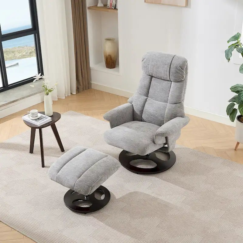 Fauteuil de Massage Chauffant Pivotant Inclinable en Tissu Chenille avec Pouf, Dossier Réglable et Télécommande