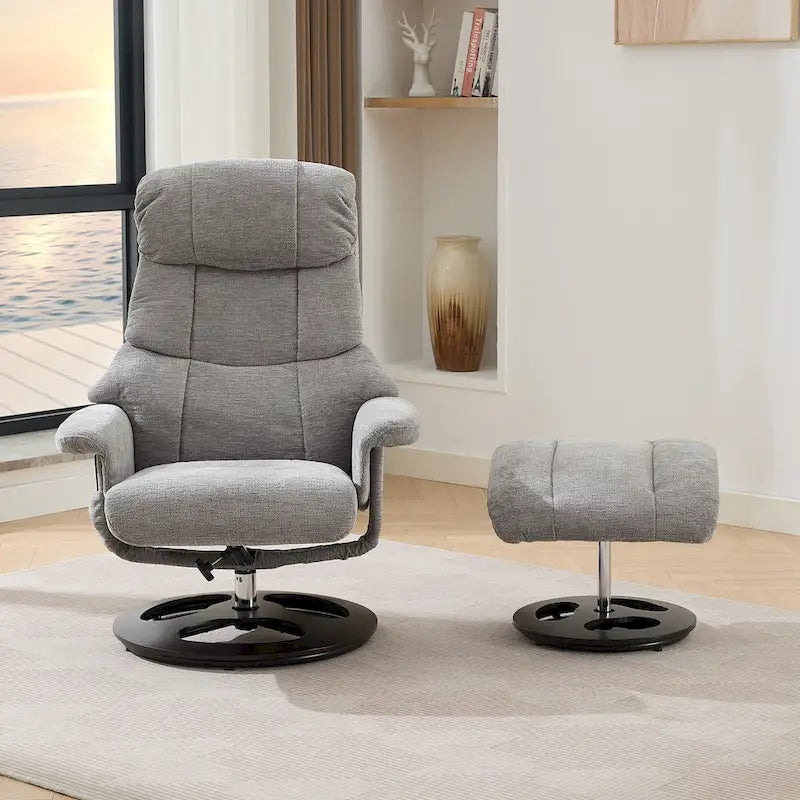 Fauteuil de Massage Chauffant Pivotant Inclinable en Tissu Chenille avec Pouf, Dossier Réglable et Télécommande