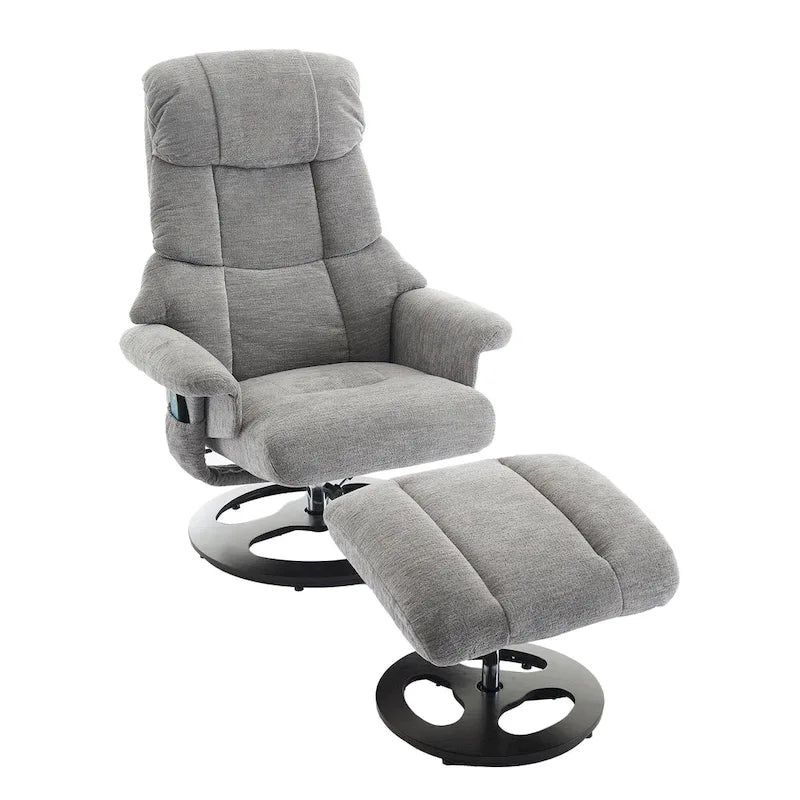 Fauteuil de Massage Chauffant Pivotant Inclinable en Tissu Chenille avec Pouf, Dossier Réglable et Télécommande