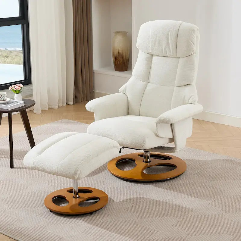 Fauteuil de Massage Chauffant Pivotant Inclinable en Tissu Chenille avec Pouf, Dossier Réglable et Télécommande