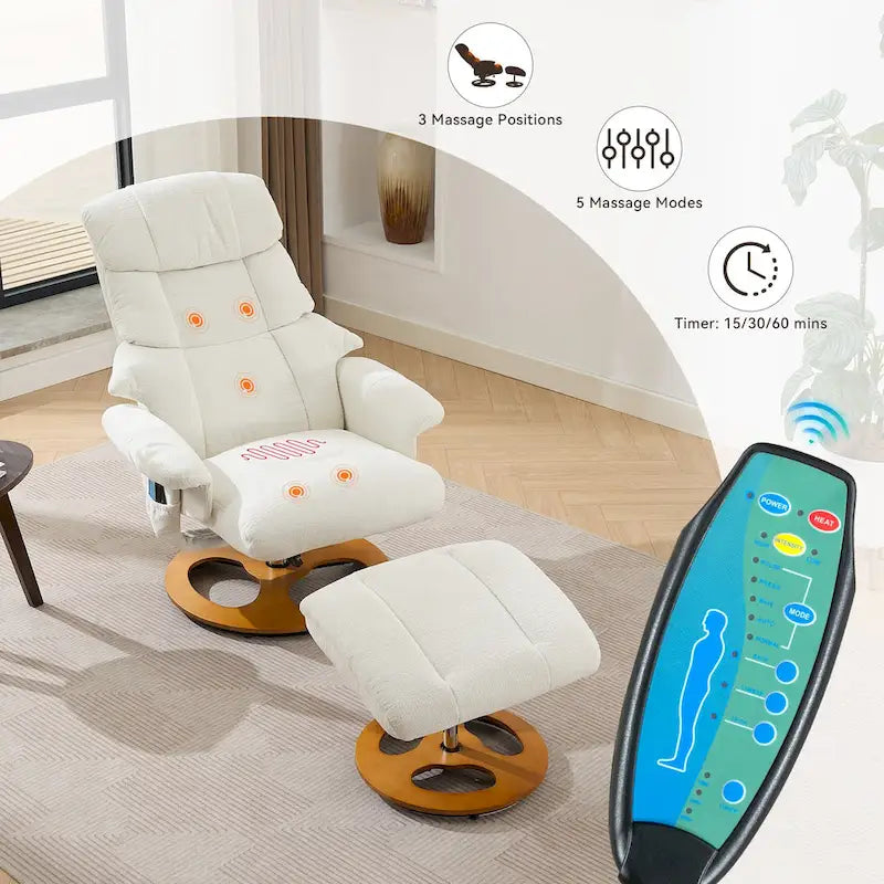 Fauteuil de Massage Chauffant Pivotant Inclinable en Tissu Chenille avec Pouf, Dossier Réglable et Télécommande