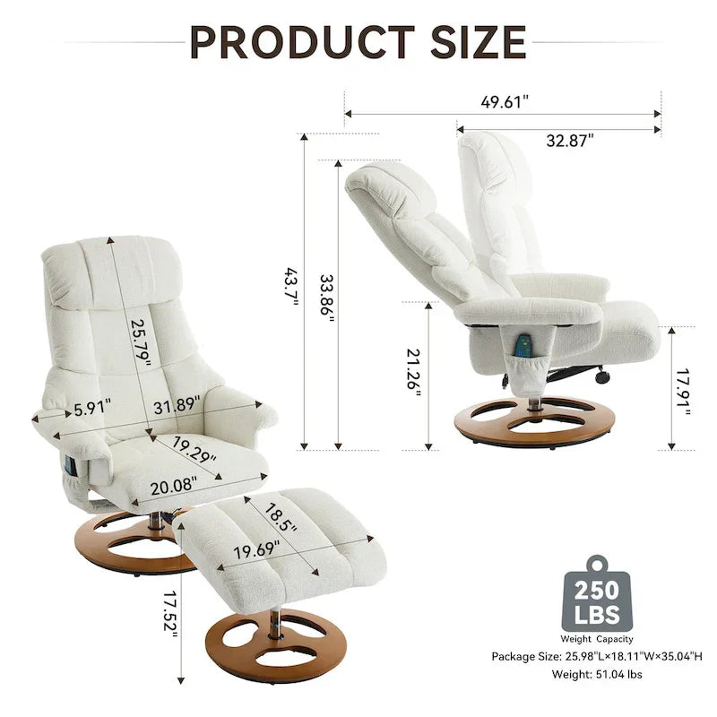 Fauteuil de Massage Chauffant Pivotant Inclinable en Tissu Chenille avec Pouf, Dossier Réglable et Télécommande
