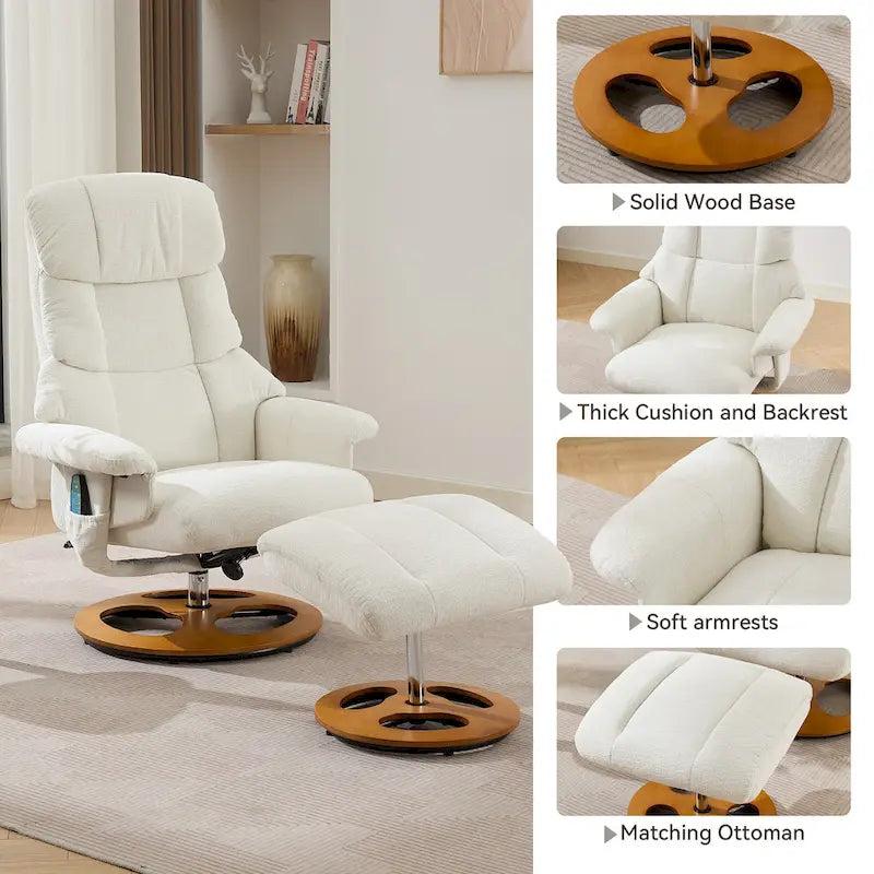 Fauteuil de Massage Chauffant Pivotant Inclinable en Tissu Chenille avec Pouf, Dossier Réglable et Télécommande