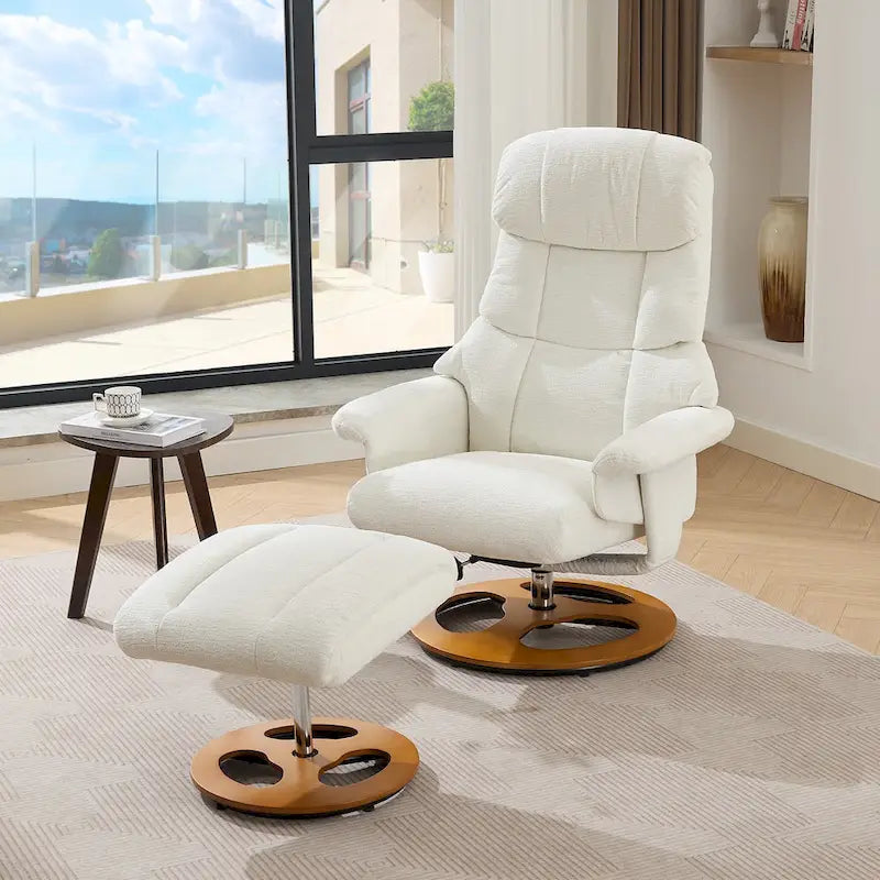 Fauteuil de Massage Chauffant Pivotant Inclinable en Tissu Chenille avec Pouf, Dossier Réglable et Télécommande