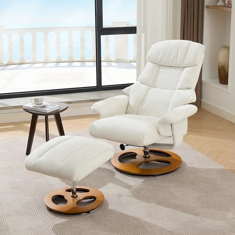 Fauteuil de Massage Chauffant Pivotant Inclinable en Tissu Chenille avec Pouf, Dossier Réglable et Télécommande