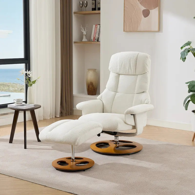 Fauteuil de Massage Chauffant Pivotant Inclinable en Tissu Chenille avec Pouf, Dossier Réglable et Télécommande