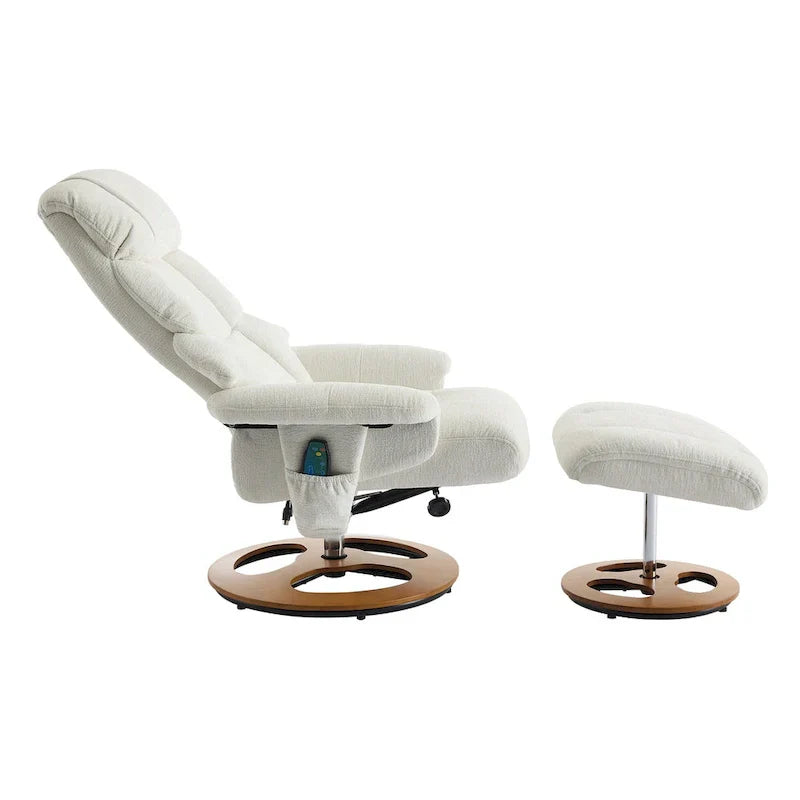 Fauteuil de Massage Chauffant Pivotant Inclinable en Tissu Chenille avec Pouf, Dossier Réglable et Télécommande