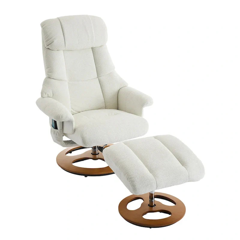 Fauteuil de Massage Chauffant Pivotant Inclinable en Tissu Chenille avec Pouf, Dossier Réglable et Télécommande