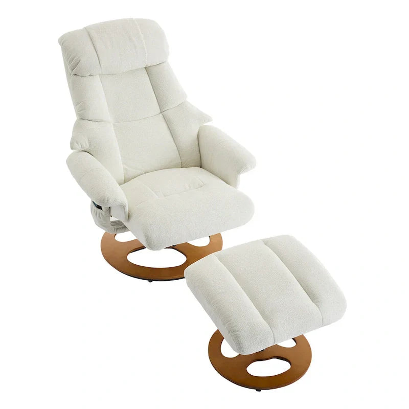 Fauteuil de Massage Chauffant Pivotant Inclinable en Tissu Chenille avec Pouf, Dossier Réglable et Télécommande