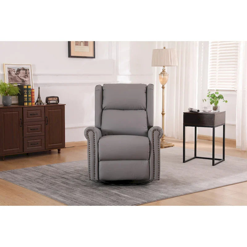 Fauteuil inclinable manuel en tissu, pivotant, dossier haut, avec repose-pieds, dossier réglable et clous décoratifs