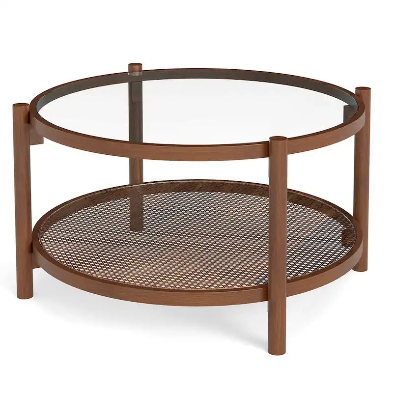 Costway Table Basse Ronde en Bois 31 po avec Plateau en Verre Trempé Faite à la Main - Cerisier+Transparent - Voir Détails