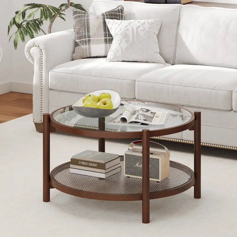 Costway Table Basse Ronde en Bois 31 po avec Plateau en Verre Trempé Faite à la Main - Cerisier+Transparent - Voir Détails