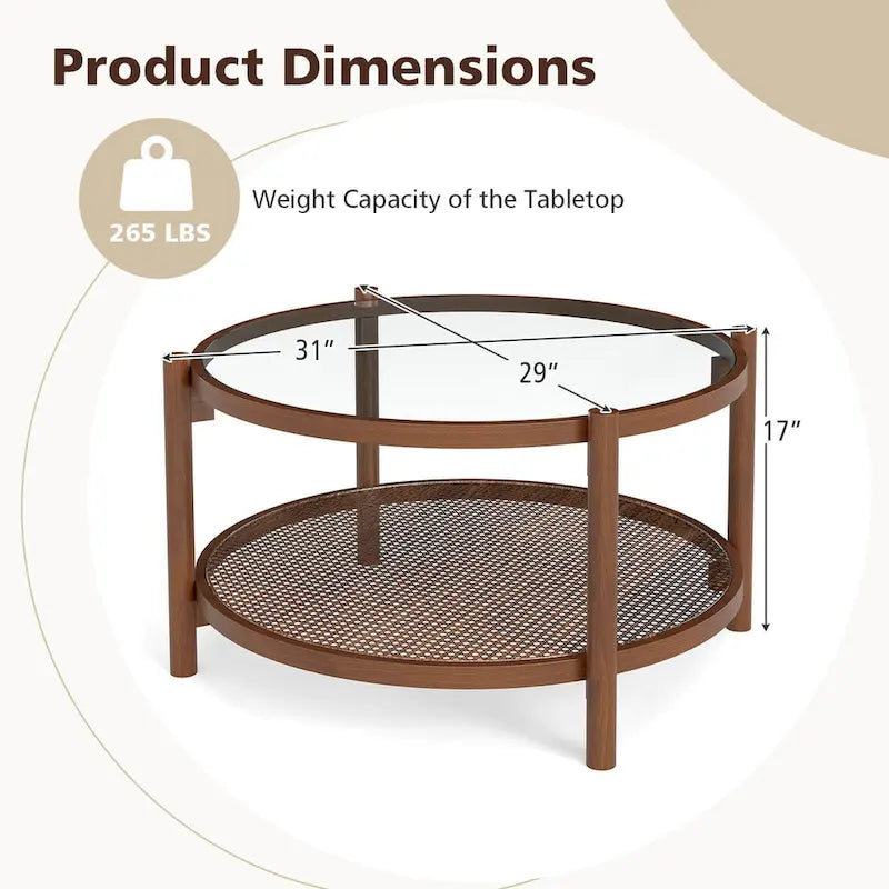 Costway Table Basse Ronde en Bois 31 po avec Plateau en Verre Trempé Faite à la Main - Cerisier+Transparent - Voir Détails