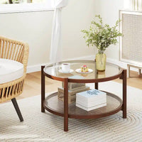 Costway Table Basse Ronde en Bois 31 po avec Plateau en Verre Trempé Faite à la Main - Cerisier+Transparent - Voir Détails