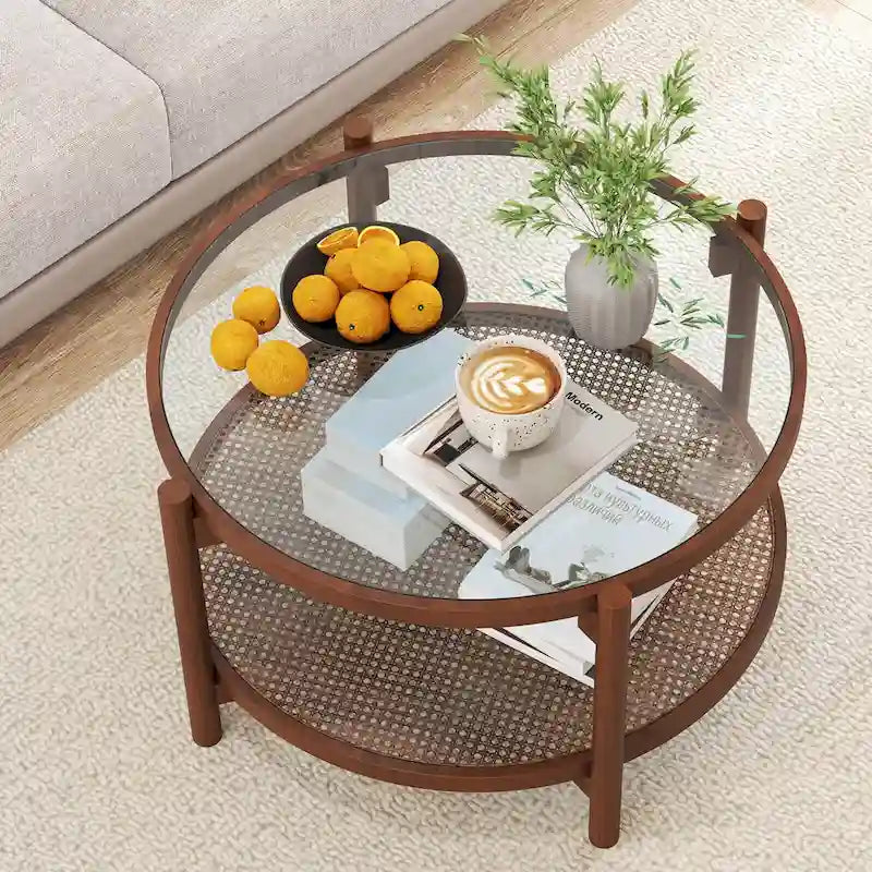 Costway Table Basse Ronde en Bois 31 po avec Plateau en Verre Trempé Faite à la Main - Cerisier+Transparent - Voir Détails