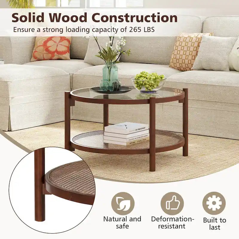 Costway Table Basse Ronde en Bois 31 po avec Plateau en Verre Trempé Faite à la Main - Cerisier+Transparent - Voir Détails