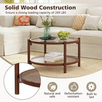 Costway Table Basse Ronde en Bois 31 po avec Plateau en Verre Trempé Faite à la Main - Cerisier+Transparent - Voir Détails