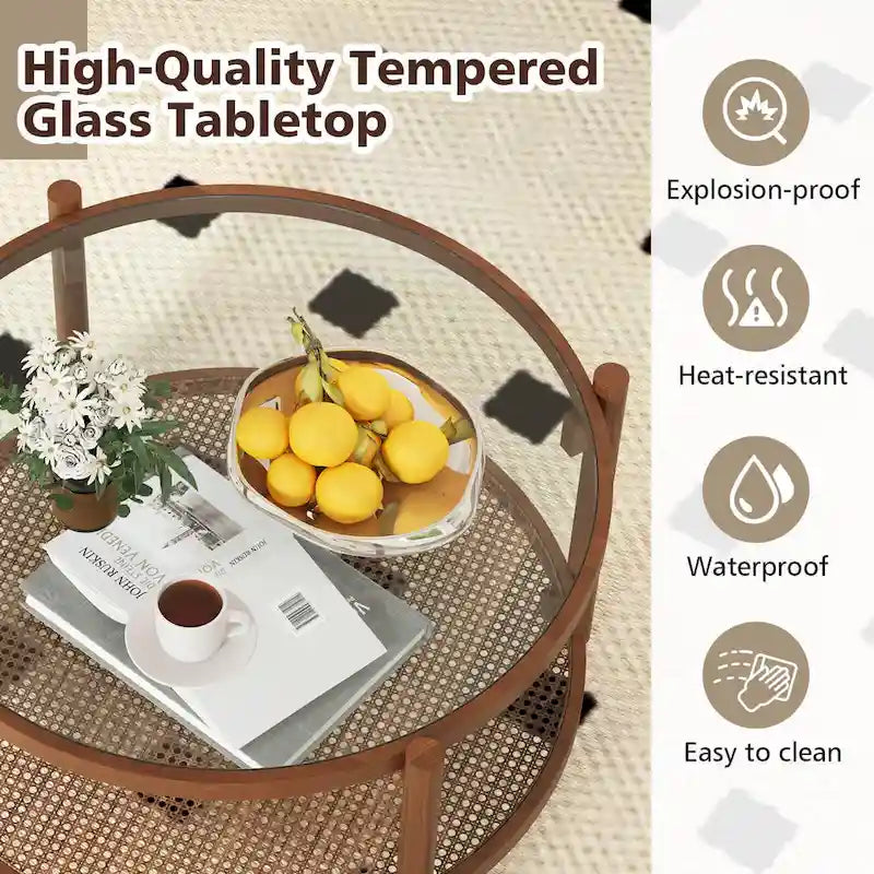 Costway Table Basse Ronde en Bois 31 po avec Plateau en Verre Trempé Faite à la Main - Cerisier+Transparent - Voir Détails