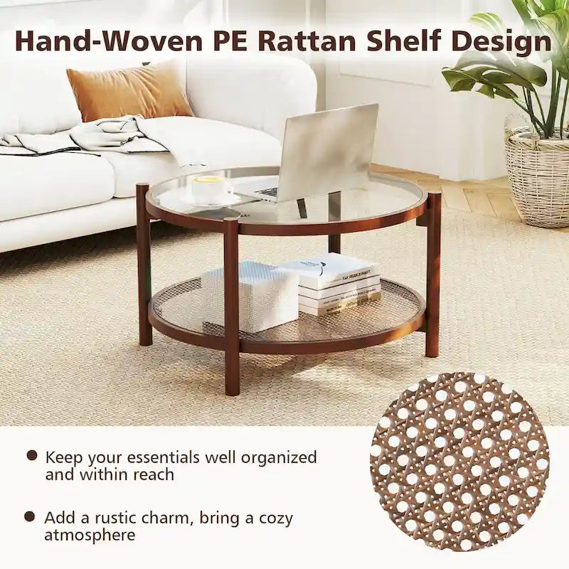 Costway Table Basse Ronde en Bois 31 po avec Plateau en Verre Trempé Faite à la Main - Cerisier+Transparent - Voir Détails