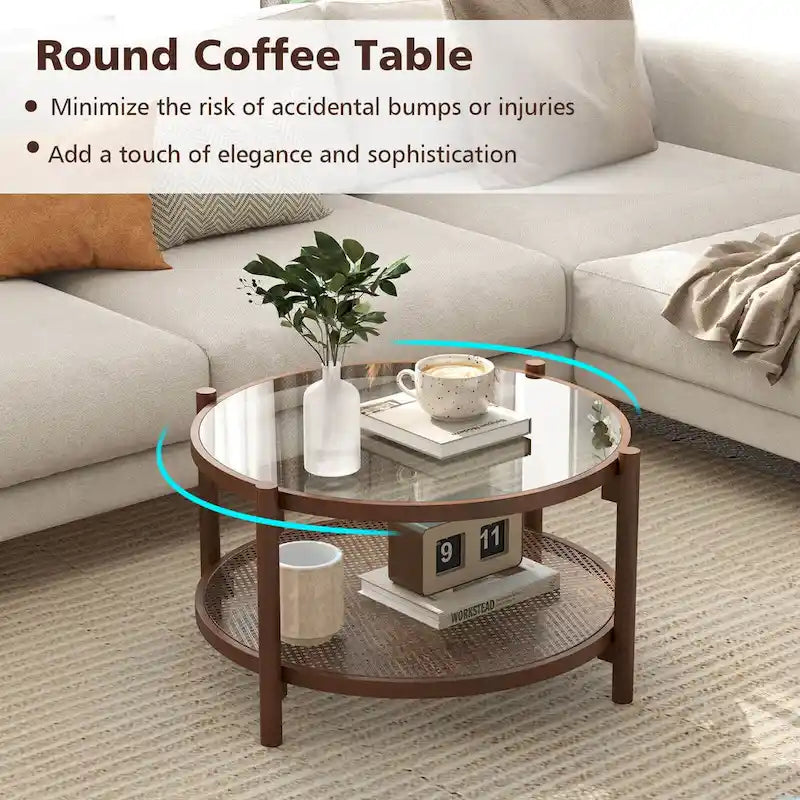 Costway Table Basse Ronde en Bois 31 po avec Plateau en Verre Trempé Faite à la Main - Cerisier+Transparent - Voir Détails