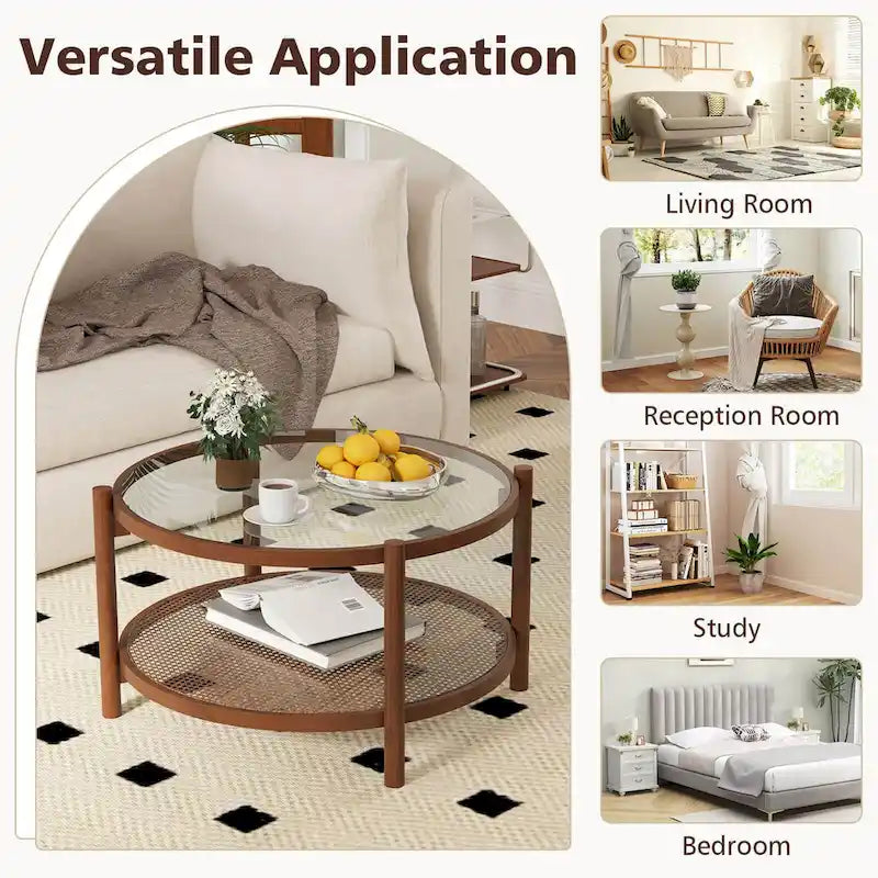Costway Table Basse Ronde en Bois 31 po avec Plateau en Verre Trempé Faite à la Main - Cerisier+Transparent - Voir Détails