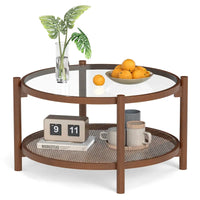 Costway Table Basse Ronde en Bois 31 po avec Plateau en Verre Trempé Faite à la Main - Cerisier+Transparent - Voir Détails