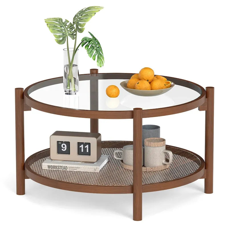 Costway Table Basse Ronde en Bois 31 po avec Plateau en Verre Trempé Faite à la Main - Cerisier+Transparent - Voir Détails