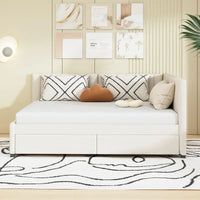 Lit de repos rembourré pleine grandeur avec 2 tiroirs de rangement, cadre de lit de jour, aucun sommier tapissier requis, tissu de lin, beige