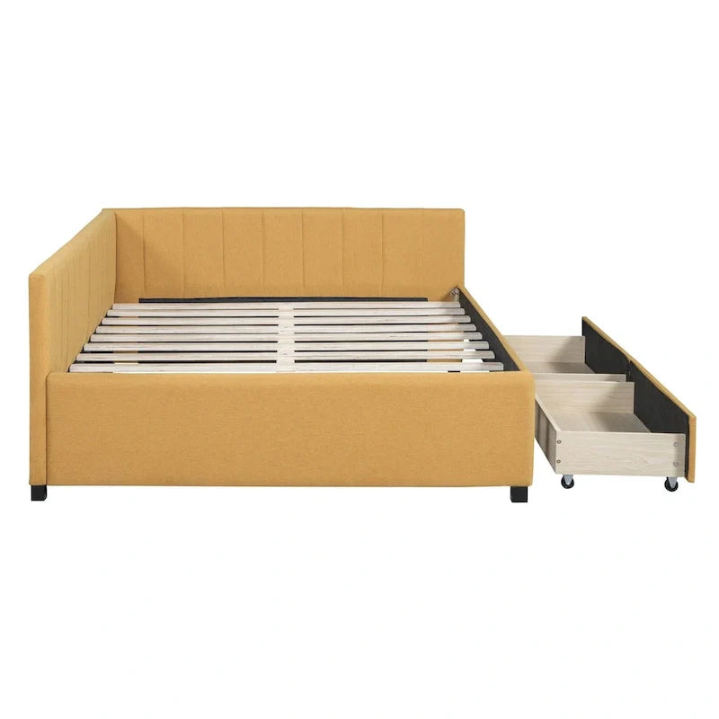 Lit de repos rembourré pleine grandeur avec 2 tiroirs de rangement, cadre de lit de jour, aucun sommier tapissier requis, tissu de lin, beige