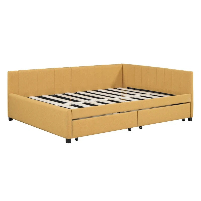 Lit de repos rembourré pleine grandeur avec 2 tiroirs de rangement, cadre de lit de jour, aucun sommier tapissier requis, tissu de lin, beige