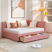 Lit de repos rembourré pleine grandeur avec 2 tiroirs de rangement, cadre de lit de jour, aucun sommier tapissier requis, tissu de lin, beige